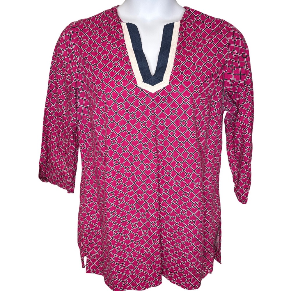 Brooks Brothers Women Pink Geometric 3/4 Sleeve Tunic XL Nautical Vibrant Casual